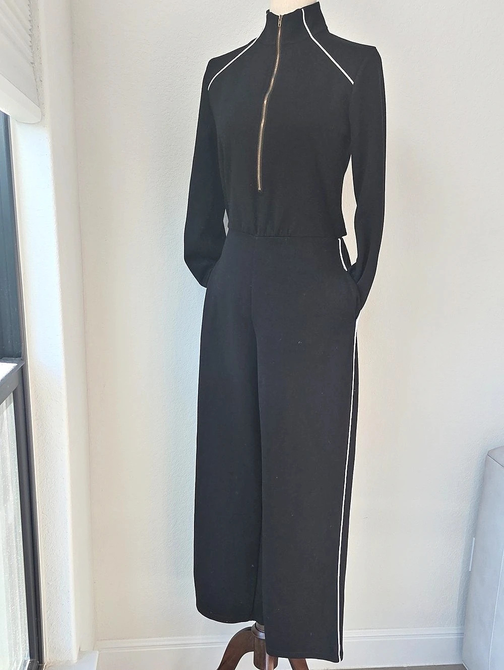 Black White Piping Wide Leg Athletic Jumpsuit With Back Cut Out Athleisure (Med)